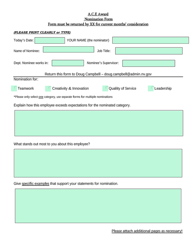 A.C.E Award Nomination Form screenshot