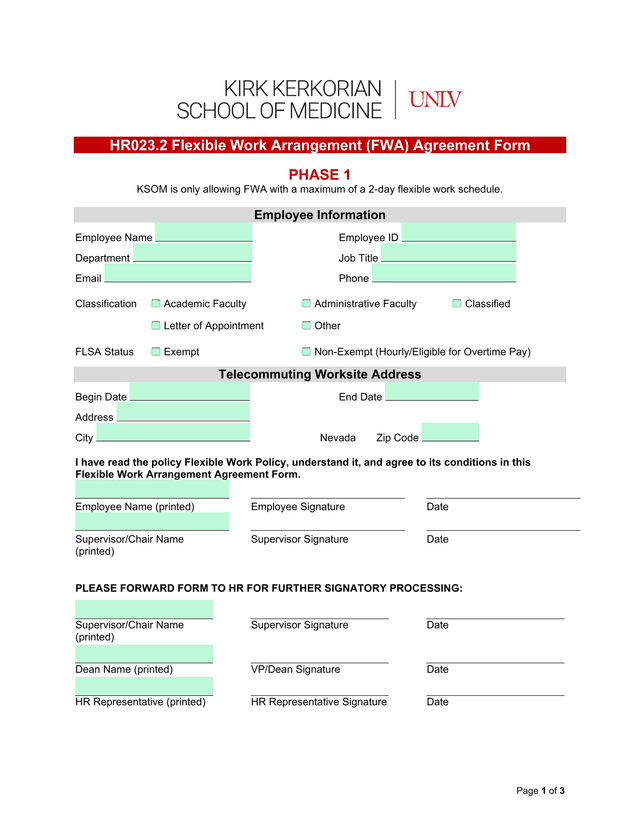 HR023.2 Flexible Work Arrangement (FWA) Agreement Form screenshot