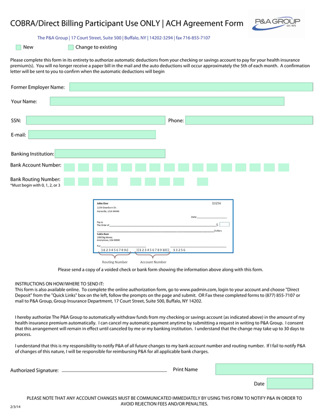 COBRADirect Billing Participant Use ONLY  ACH Agreement Form screenshot