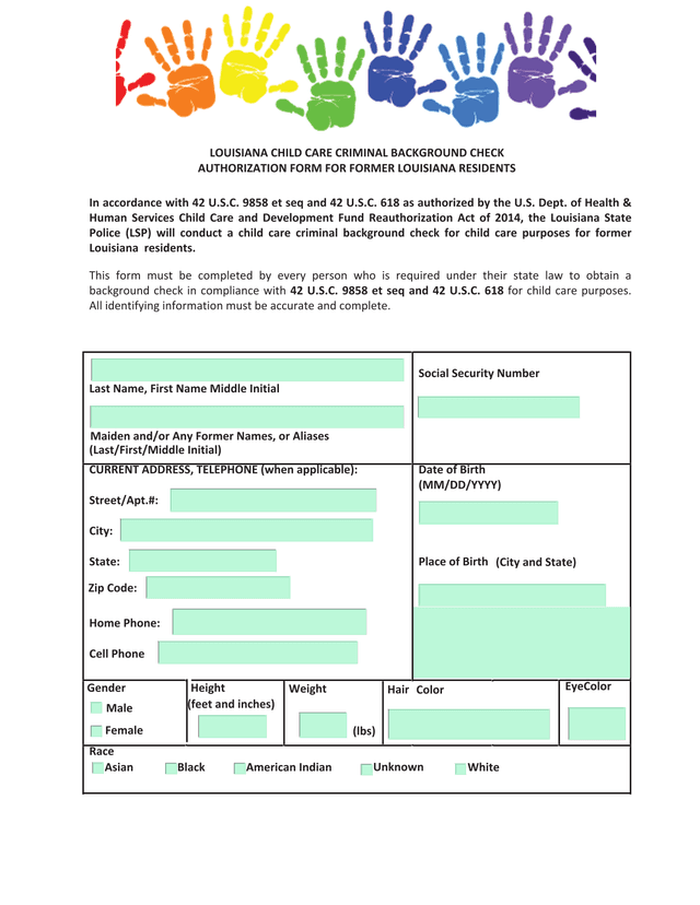 Louisiana Child Care Criminal Background Check Authorization Form For Former Louisiana Residents screenshot
