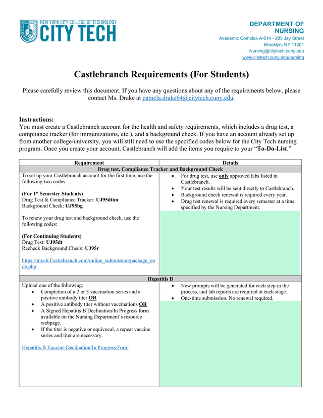 Castlebranch Requirements (For Students) screenshot