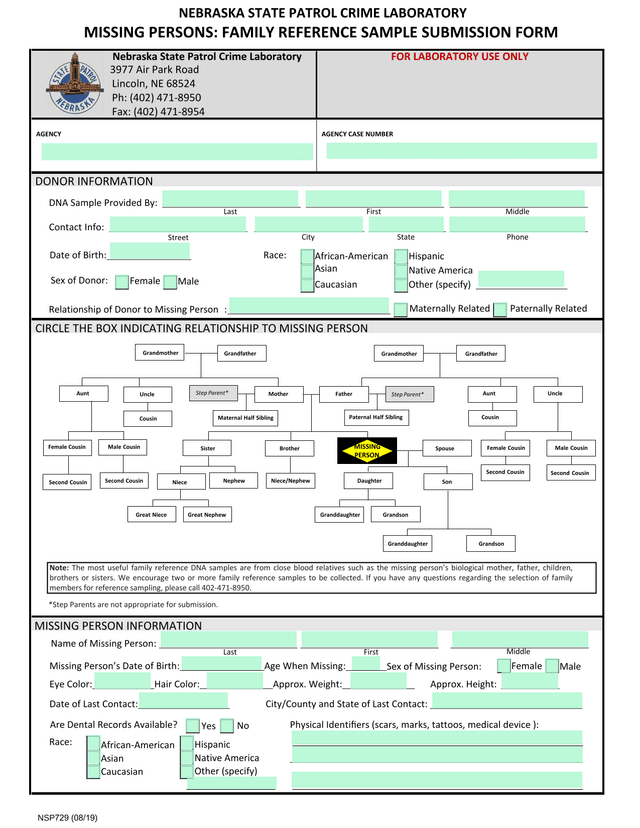 MISSING PERSONS FAMILY REFERENCE SAMPLE SUBMISSION FORM screenshot