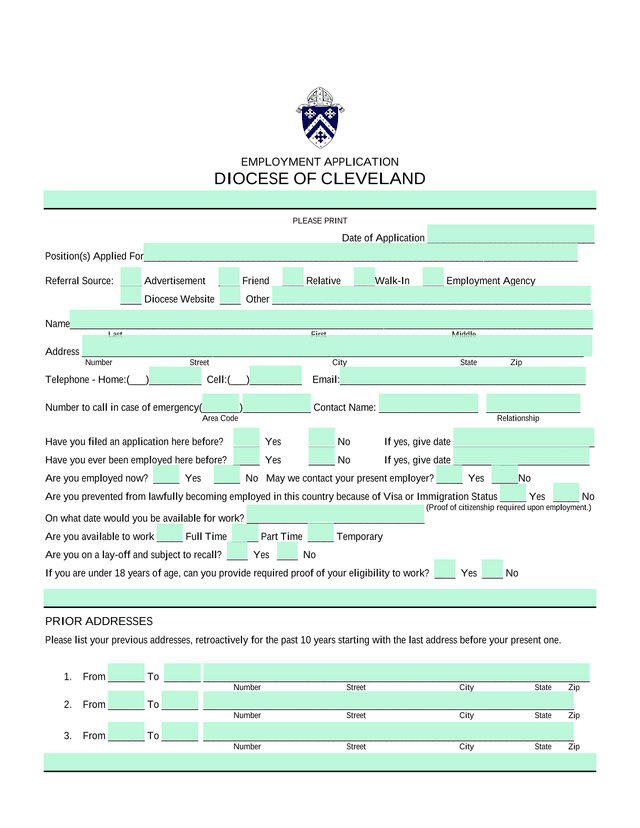 EMPLOYMENT APPLICATION   DIOCESE OF CLEVELAND screenshot
