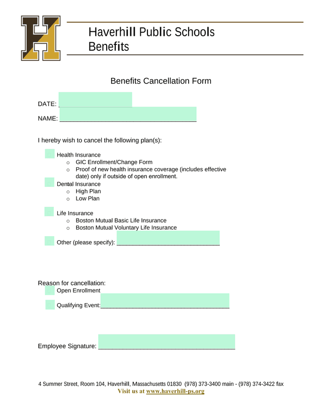 Benefits Cancellation Form screenshot