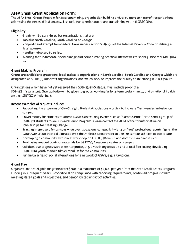 AFFA Small Grant Application Form screenshot