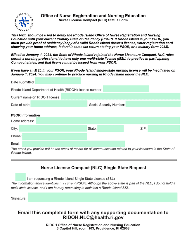 Nurse License Compact (NLC) Status Form screenshot