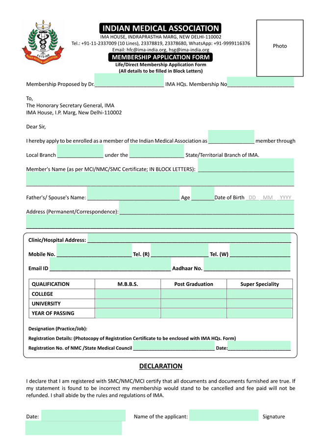INDIAN MEDICAL ASSOCIATION MEMBERSHIP APPLICATION FORM screenshot