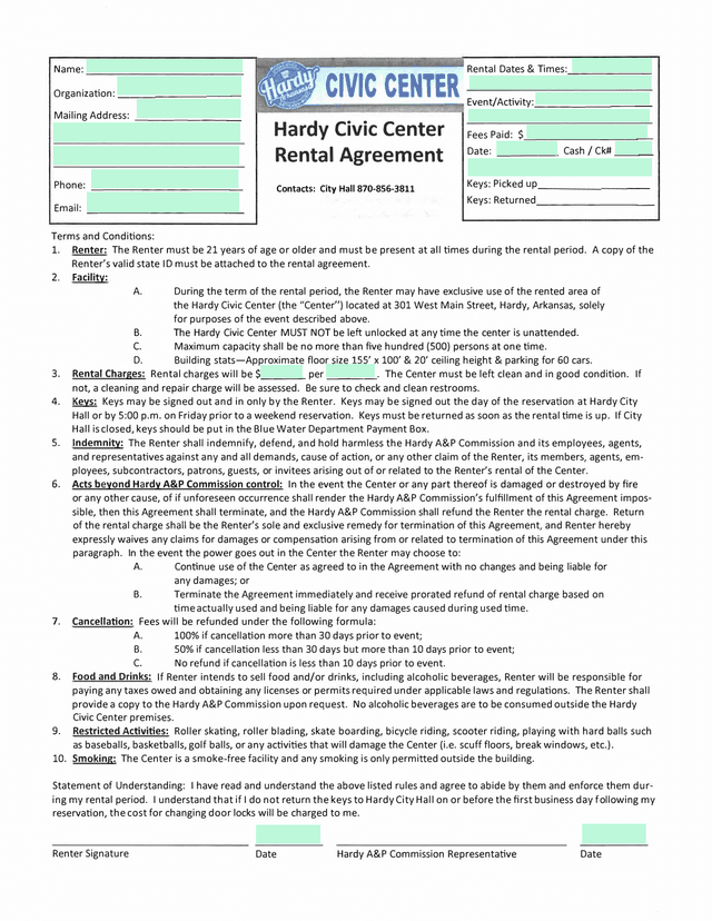 Hardy Civic Center Rental Agreement screenshot