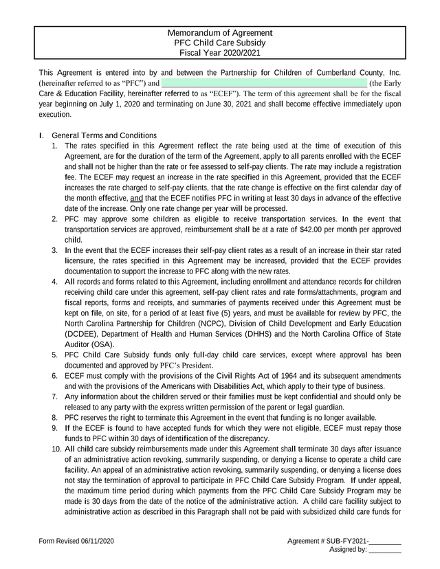 Memorandum Of Agreement PFC Child Care Subsidy screenshot