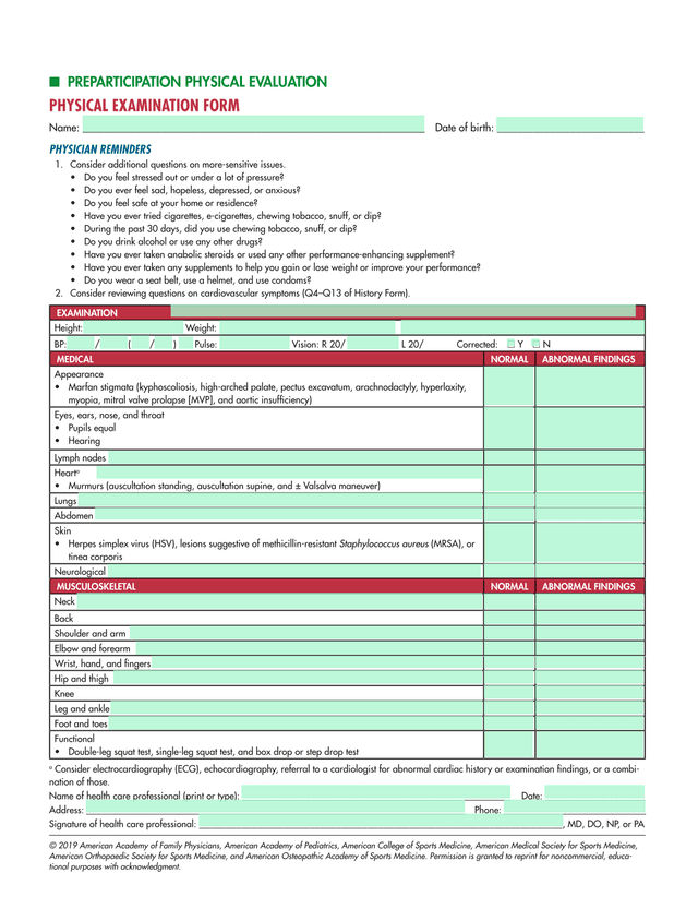 Preparticipation Physical Evaluation Physical Examination Form screenshot