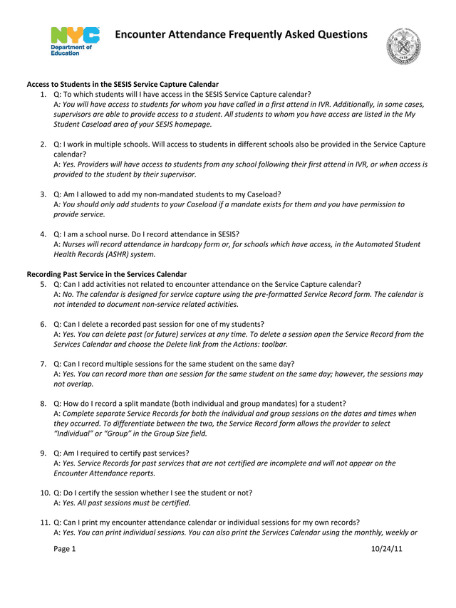 Encounter Attendance Frequently Asked Questions screenshot