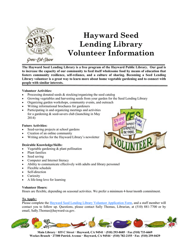 Hayward Seed Lending Library Volunteer Information screenshot