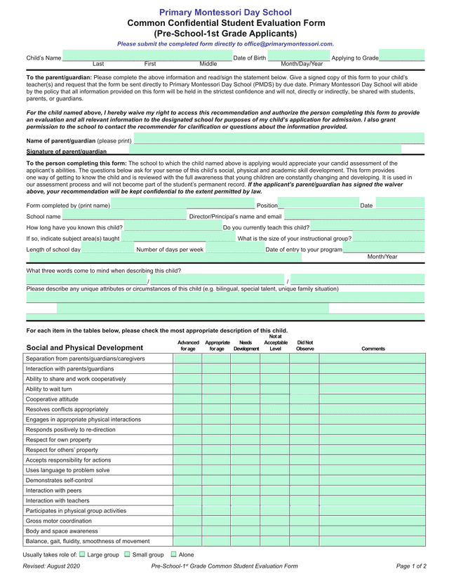 Primary Montessori Day School Common Confidential Student Evaluation Form screenshot