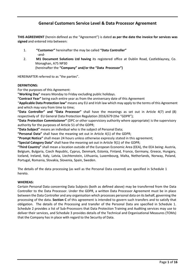 General Customers Service Level  Data Processor Agreement screenshot