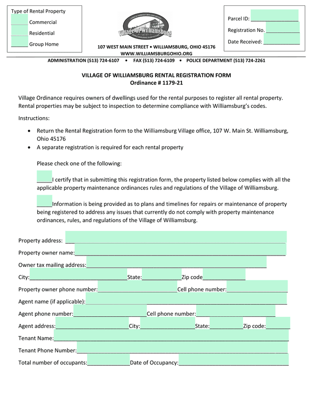 Village Of Williamsburg Rental Registration Form screenshot