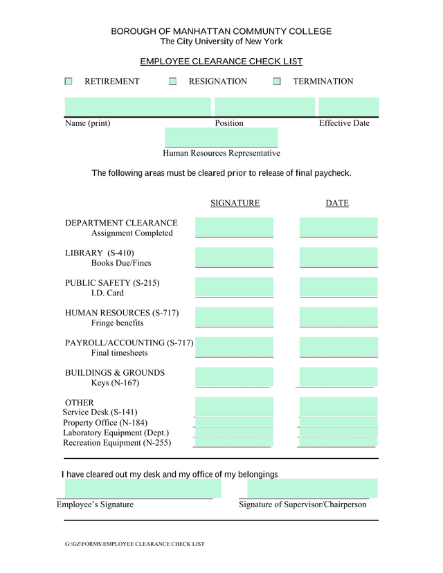 EMPLOYEE CLEARANCE CHECK LIST screenshot