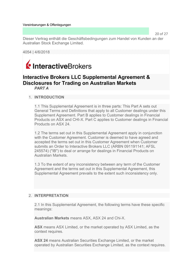 Interactive Brokers LLC Supplemental Agreement  Disclosures For Trading On Australian Markets screenshot