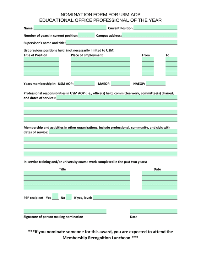 NOMINATION FORM FOR USM AOP EDUCATIONAL OFFICE PROFESSIONAL OF THE YEAR screenshot