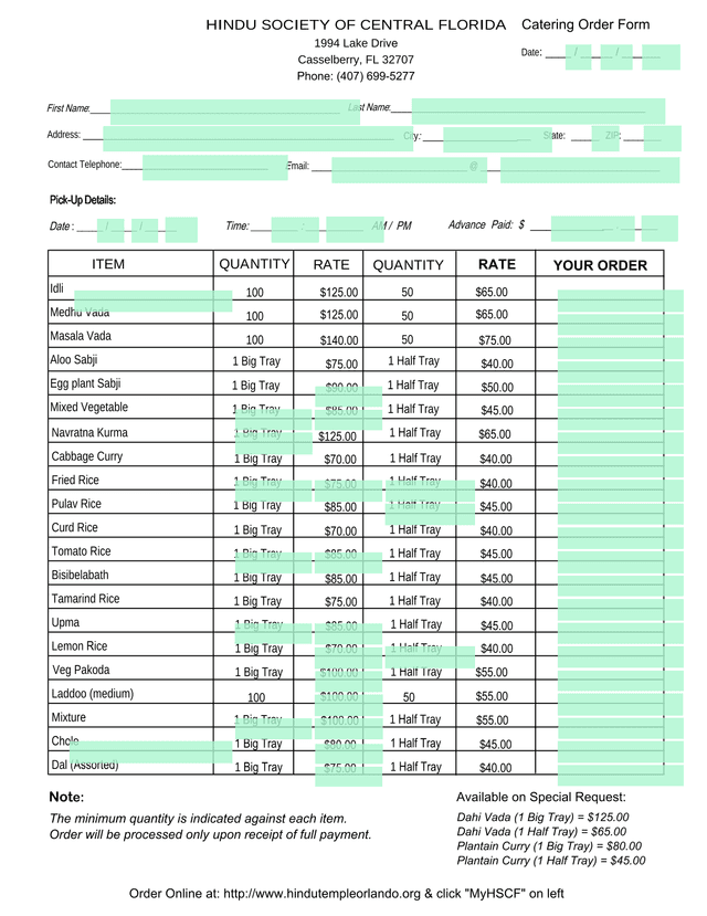 Catering Order Form screenshot