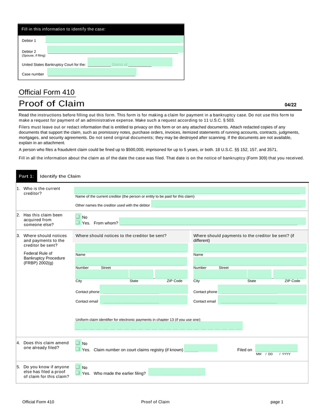 Official Form 410 Proof Of Claim screenshot