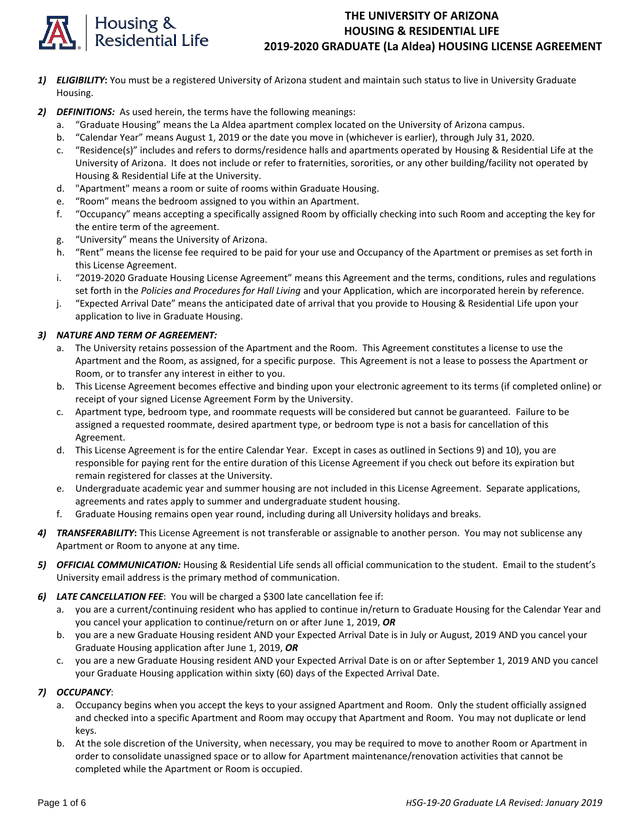 2019 2020 GRADUATE (La Aldea) HOUSING LICENSE AGREEMENT screenshot