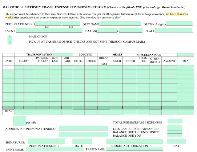 Marywood University Travel Expense Reimbursement Form screenshot