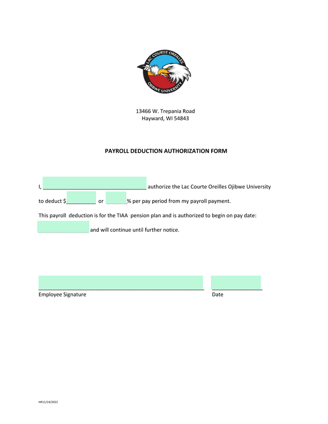 Payroll Deduction Authorization Form screenshot