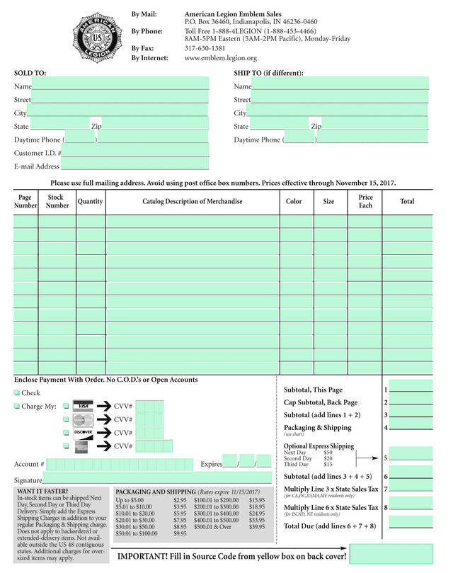 American Legion Emblem Sales Order Form screenshot