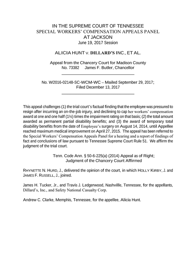 Hunt V. DillardS Inc. Workers Compensation Appeal screenshot
