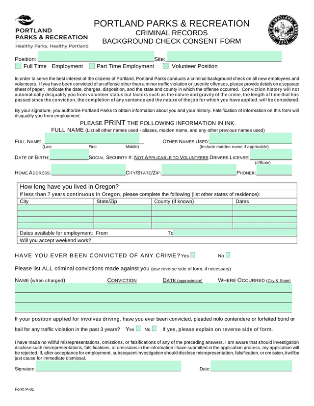 Form P 01 PORTLAND PARKS  RECREATION CRIMINAL RECORDS BACKGROUND CHECK CONSENT FORM screenshot