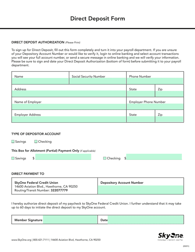Direct Deposit Authorization screenshot