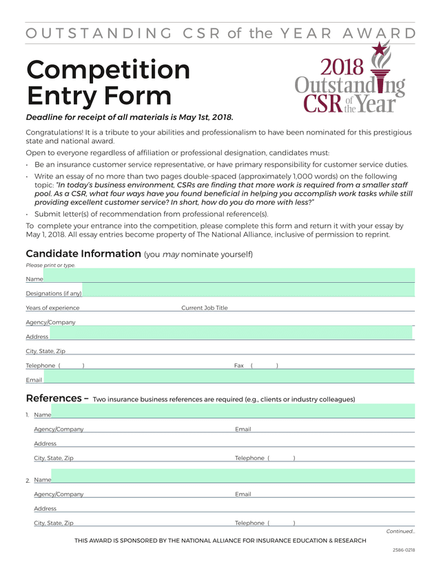 Customer Service Representative Awards Competition Entry Form screenshot