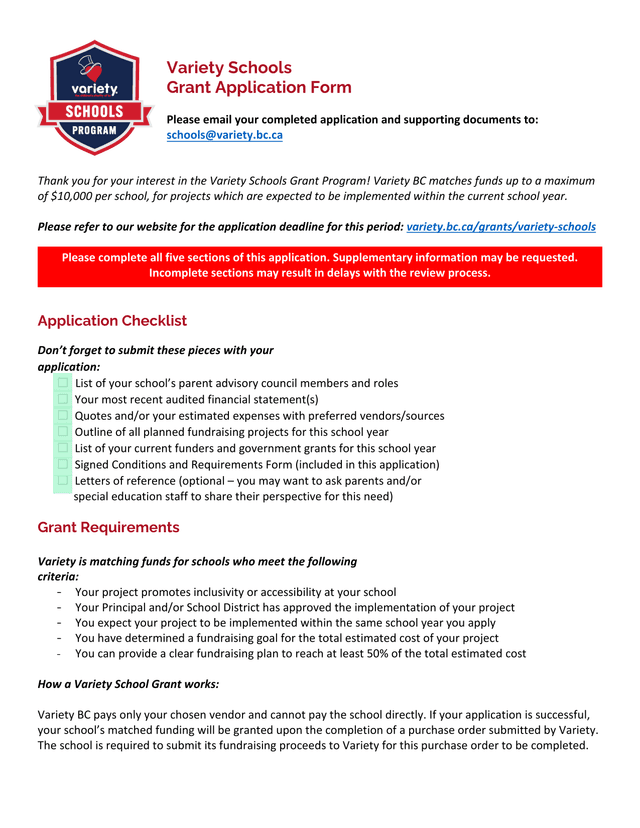 Variety Schools Grant Application Form screenshot