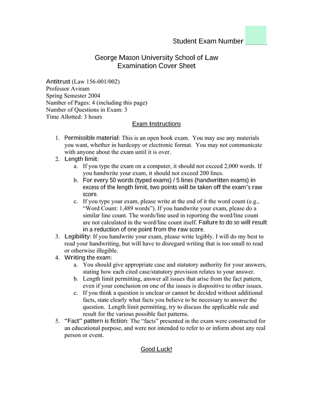George Mason University School Of Law Examination Cover Sheet screenshot