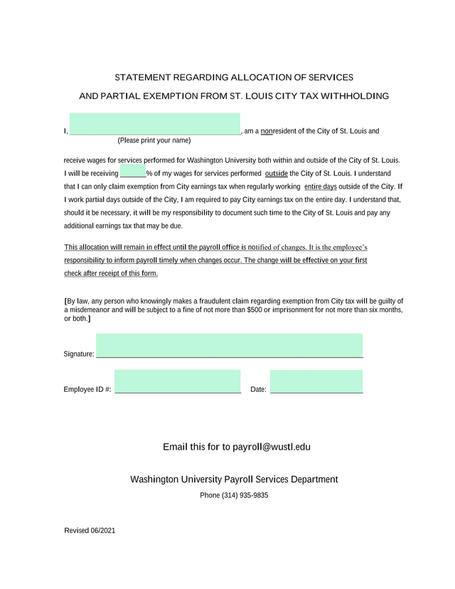 Statement Regarding Allocation Of Services And Partial Exemption From St. Louis City Tax Withholding screenshot
