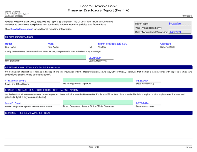 Federal Reserve Bank Financial Disclosure Report (Form A) screenshot