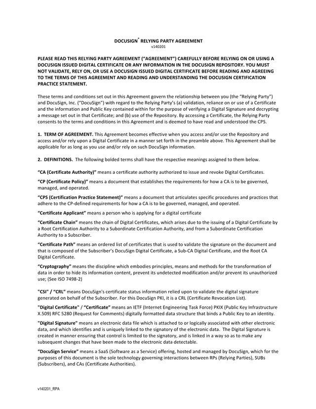 DOCUSIGN RELYING PARTY AGREEMENT screenshot