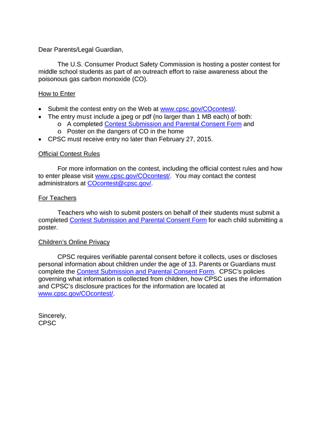 CPSC Carbon Monoxide Poster Contest Submission And Parental Consent Form screenshot