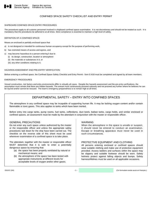 CONFINED SPACE SAFETY CHECKLIST AND ENTRY PERMIT screenshot