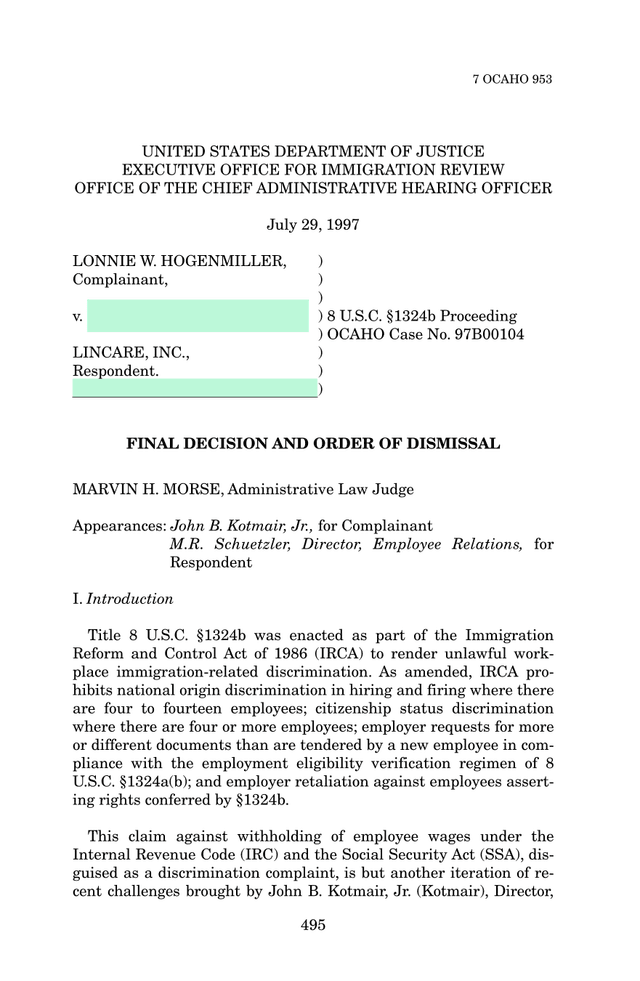 Final Decision And Order Of Dismissal   Lonnie W. Hogenmiller V. Lincare, Inc. screenshot