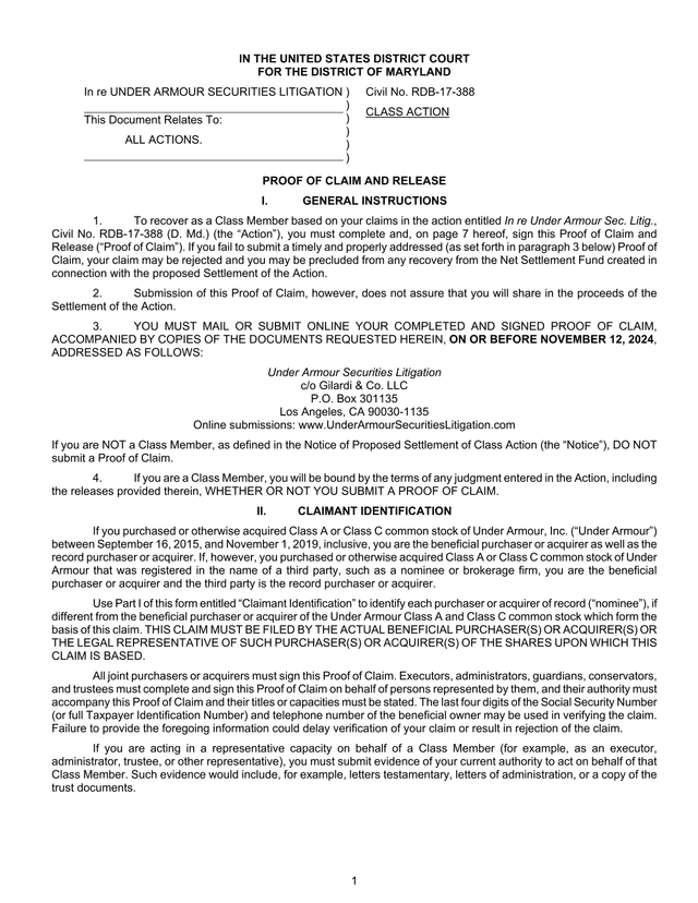 Proof Of Claim And Release   Under Armour Securities Litigation screenshot
