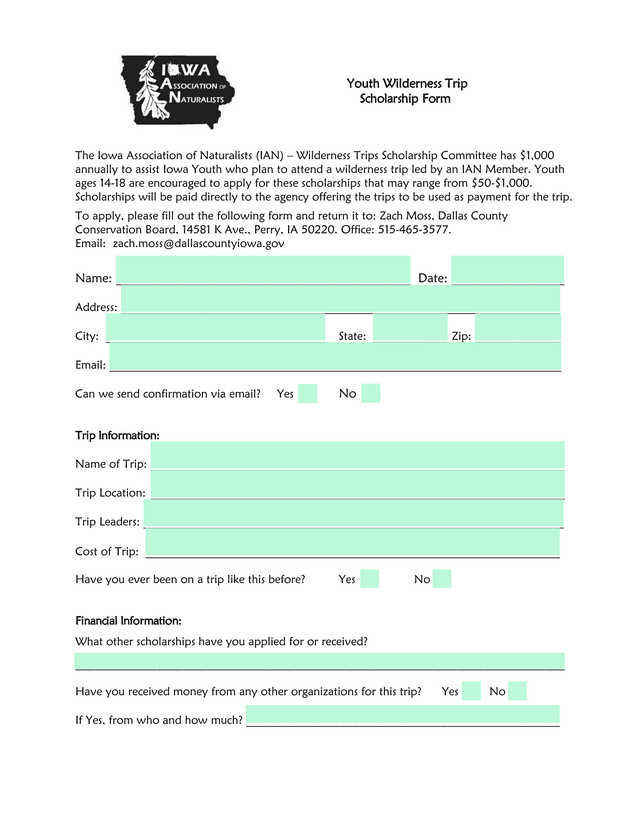 Youth Wilderness Trip Scholarship Form screenshot