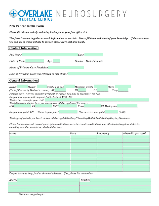 New Patient Intake Form screenshot