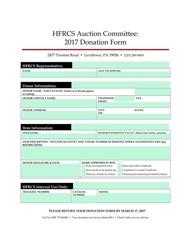 HFRCS Auction Committee 2017 Donation Form screenshot