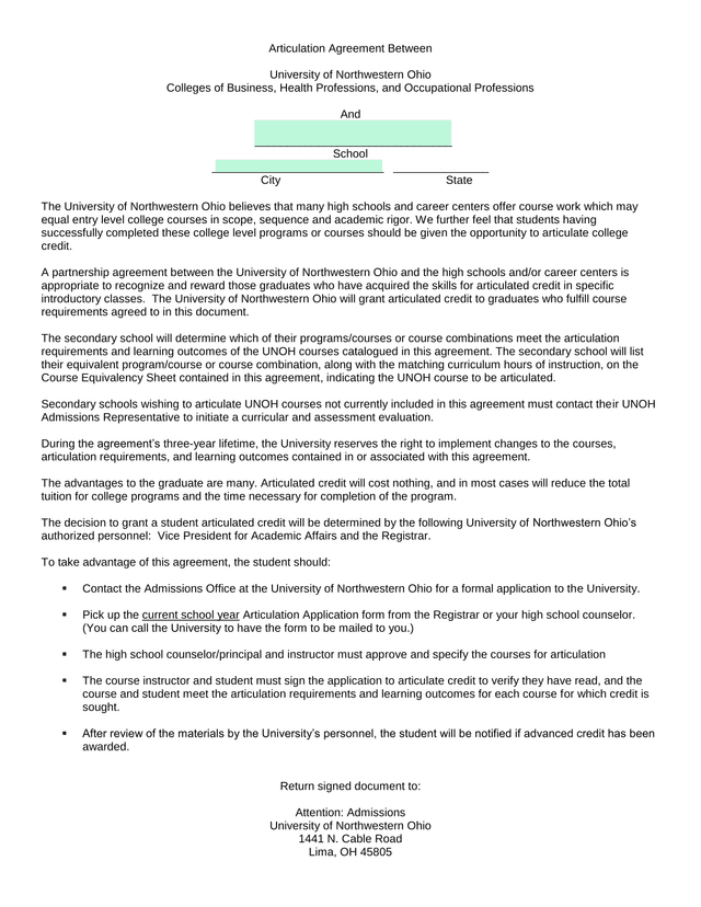 Articulation Agreement Between University Of Northwestern Ohio And High SchoolsCareer Centers screenshot