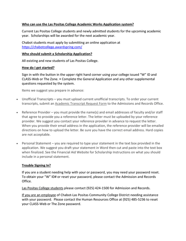 Las Positas College Academic Works Application Scholarship Guide screenshot