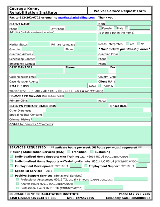 Waiver Service Request Form screenshot