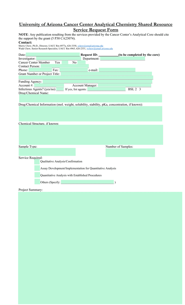 University Of Arizona Cancer Center Analytical Chemistry Shared Resource Service Request Form screenshot