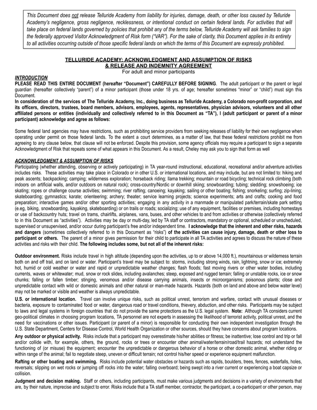 TELLURIDE ACADEMY ACKNOWLEDGMENT AND ASSUMPTION OF RISKS  RELEASE AND INDEMNITY AGREEMENT screenshot