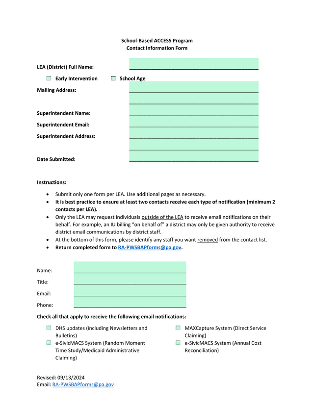 School Based ACCESS Program Contact Information Form screenshot